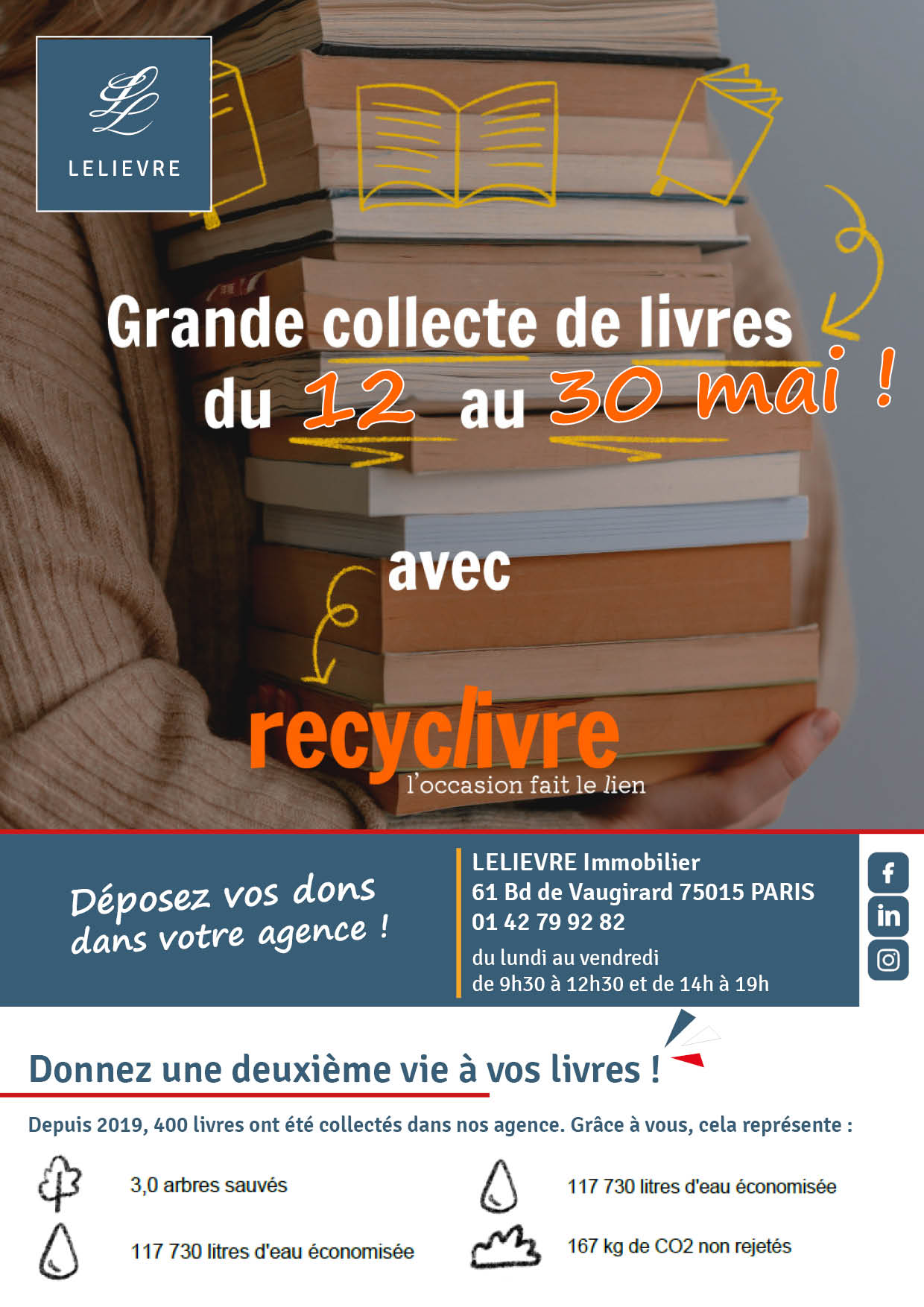 Collectes de livres d'occasion à l'agence immobilière LELIEVRE Immobilier Paris 15