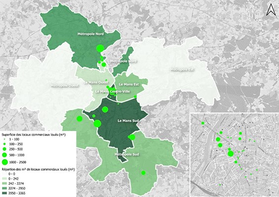 Le Mans - Marché de la location de locaux commerciaux par zone et nombre de transactions - Source CiMans Observatoire 2023