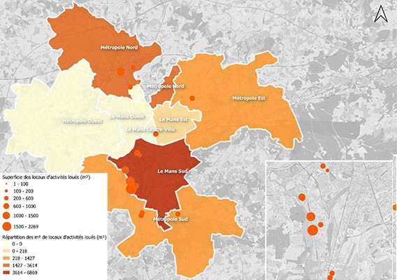 Le Mans - Marché de la location de locaux d'activité par zone et nombre de transactions - Source CiMans Observatoire 2023