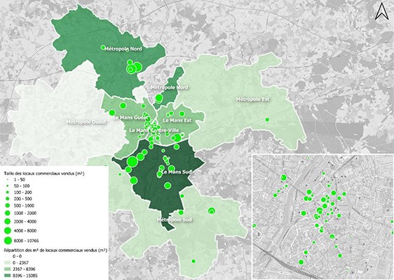 Le Mans - Marché de la vente de locaux commerciaux par zone et nombre de transactions - Source CiMans Observatoire 2023