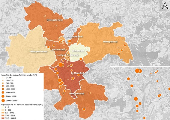 Le Mans - Marché de la vente de locaux d'activité par zone et nombre de transactions - Source CiMans Observatoire 2023